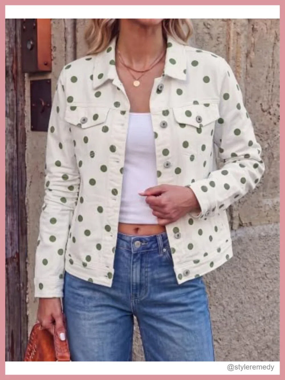 Women's Polka Dot Stretch Denim Jean Jacket with Pockets
